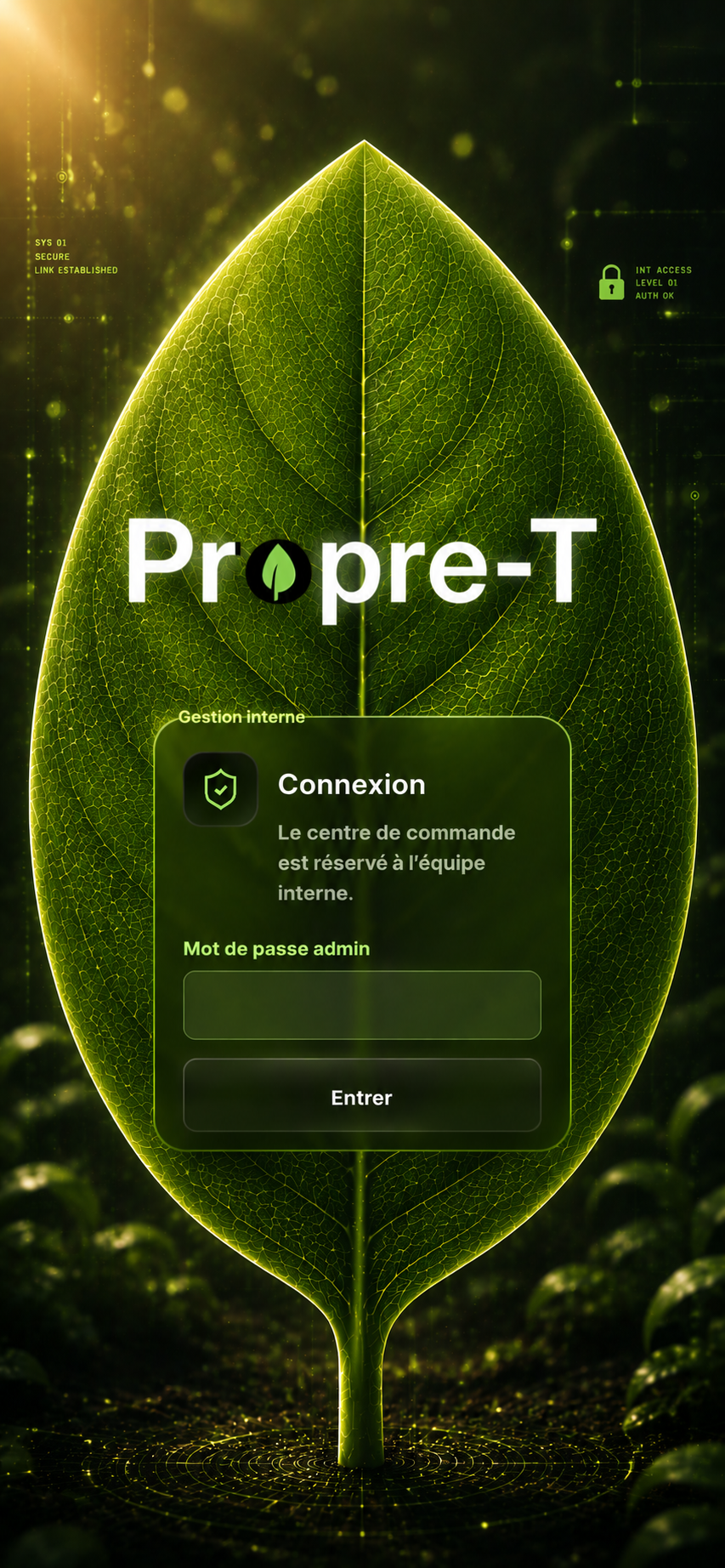 Accueil connexion de l'application Propre-T